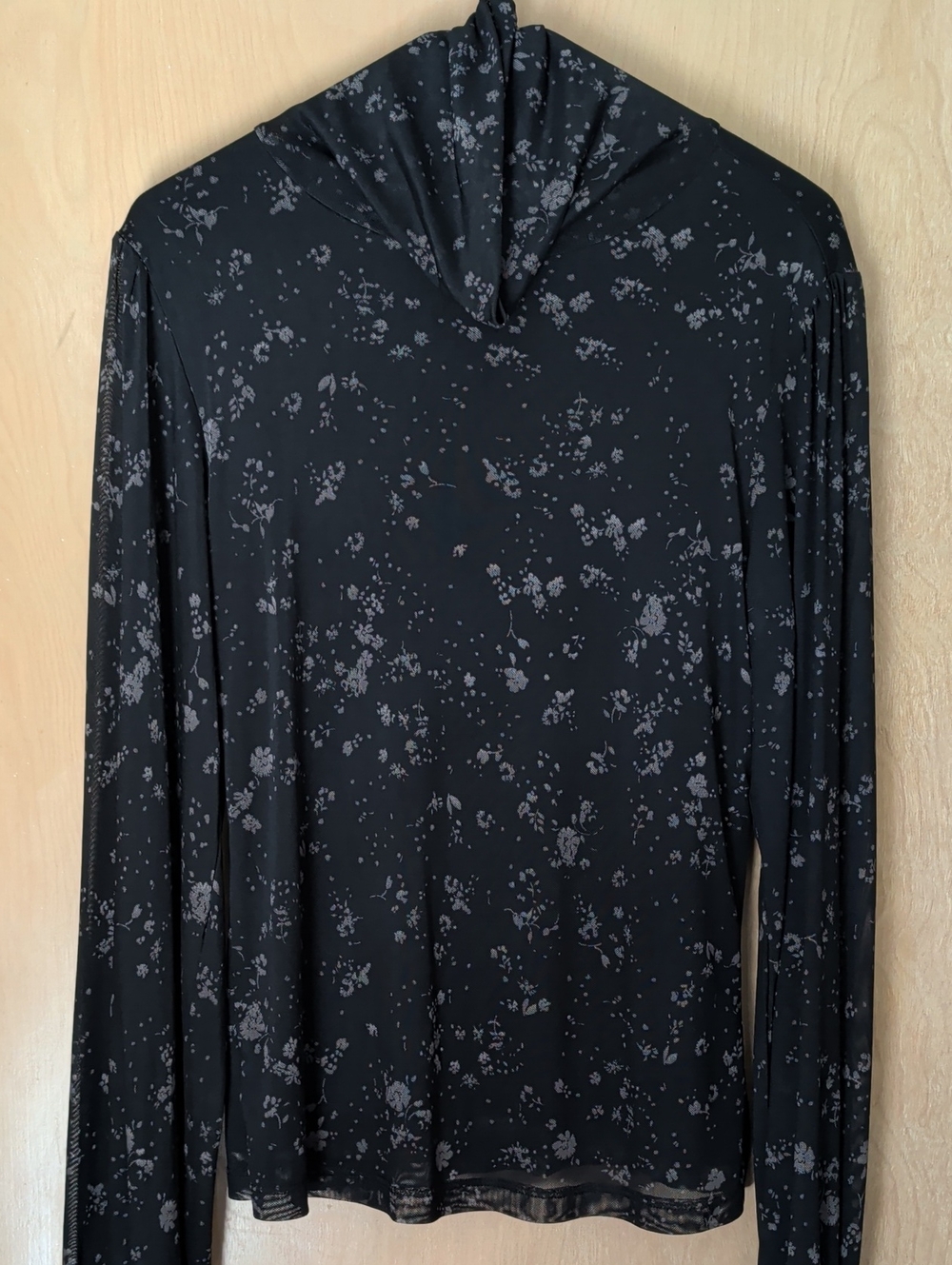 Sanctuary Black Floral Long-Sleeve Cowel Next Mesh Balloon Sleeve Top Sz Medium